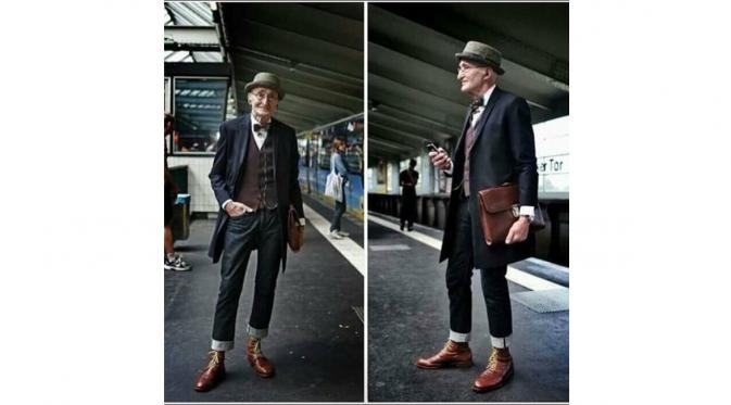 Pose pria 104 tahun pada sebuah foto dengan menggunakan busana yang menarik dengan selera fesyen yang baik