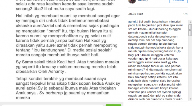 Curahan hati Azriel melalui akun Instagram. (Instagram @Azriel_I)