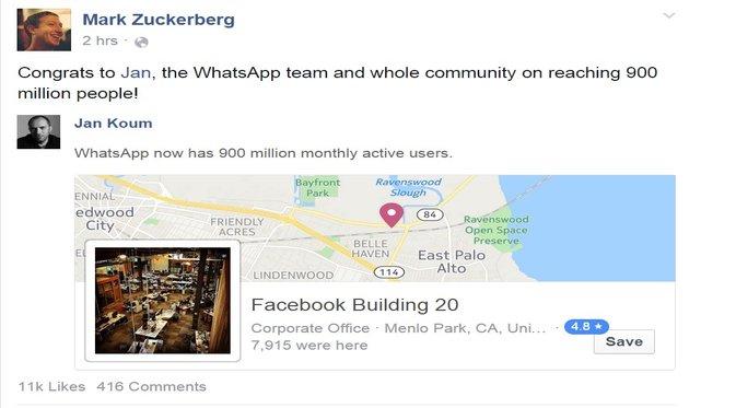 Ucapan selamat Mark Zuckerberg kepada Jan Koum saat mengumumkan pencapaian pengguna aktif bulanan WhatsApp
