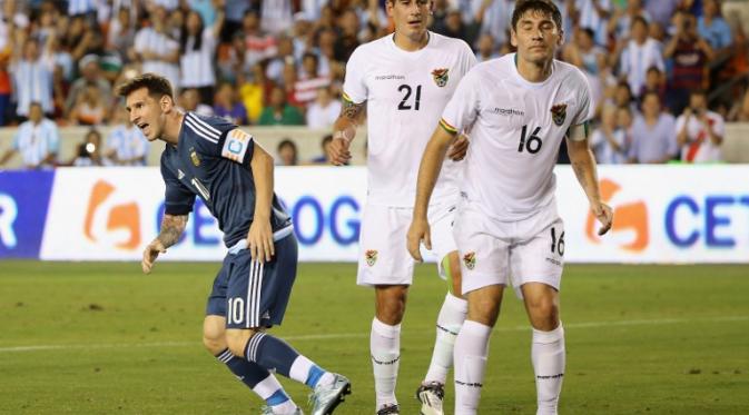 Lionel Messi merayakan gol saat Argentina membantai Bolivia 7-0 (SCOTT HALLERAN / GETTY IMAGES NORTH AMERICA / AFP)