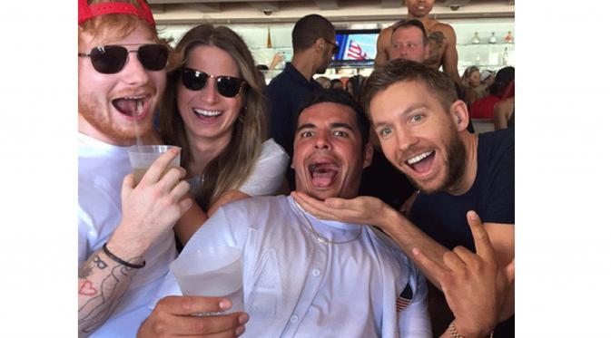 ed sheeran dan kekasih barunya, Brit Cherry bersama Calvin Harris dkk [foto: Instagram]