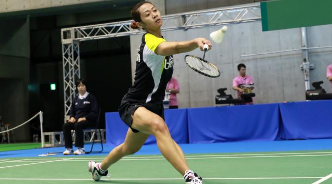 Tunggal putri Indonesia  Maria Febe Kusumastuti tersingkir di babak pertama Japan Open Super Series 2015 di Tokyo, Jepang, Rabu (9/9/2015). (Liputan6.com/Humas PP PBSI)