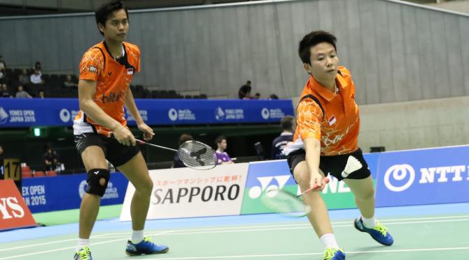 Ganda campuran Indonesia Tontowi Ahmad/Liliyana Natsir akan menghadapi Ko Sung Hyun/Kim Ha Na dari Korea di perempat final Japan Open Super Series 2015 di Tokyo, Jepang, Jumat (11/9/2015). (Liputan6.com/Humas PP PBSI)