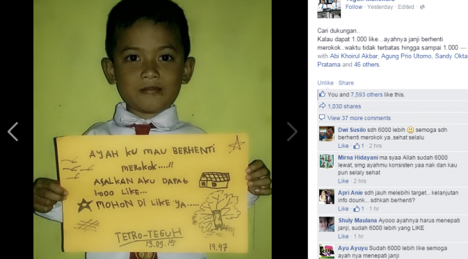 Bocah ini cari dukungan di Facebook agar sang ayah berhenti merokok. (Foto: Facebook Teguh Mahendra)
