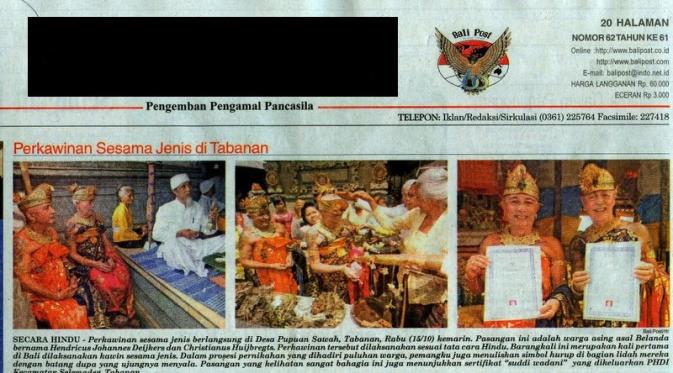 Koran lokal Bali menuliskan, Hendricus Johannes Deijkers dan Christianus Huijbregts, pasangan asal Belanda ini menggelar pernikahan dengan tradisi Hindu di Bali pada 2008 | Via: lautanindonesia.com