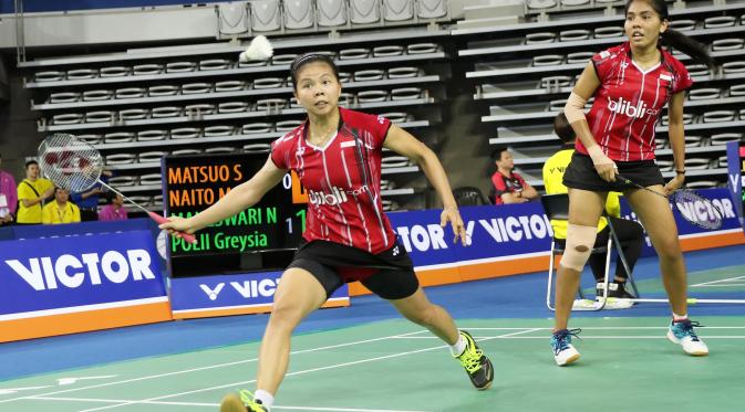 Ganda putri Indonesia Greysia Polii/Nitya Krishinda Maheswari lolos ke semifinal Korea Open Super Series 2015, Jumat (18/9/2015). (Liputan6.com/Humas PP PBSI)