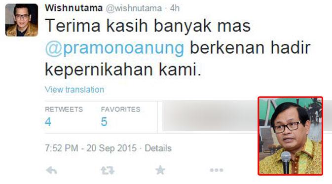 Ucapan terima kasih Wishnutama untuk Pramono Anung (via Twitter/Wishnutama)