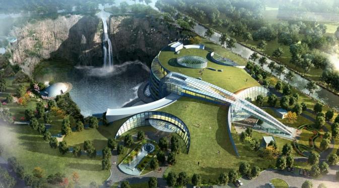 Hotel Songjiang, yang juga berlokasi di China, adalah hotel yang didesain untuk dibangun antara jurang dan danau. | via: brightside.com